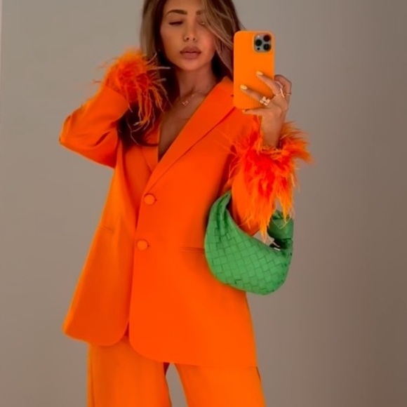 Zara Satin Affect FEATHER BLAZER - LIMITED EDITION Orange Size XS NEW
